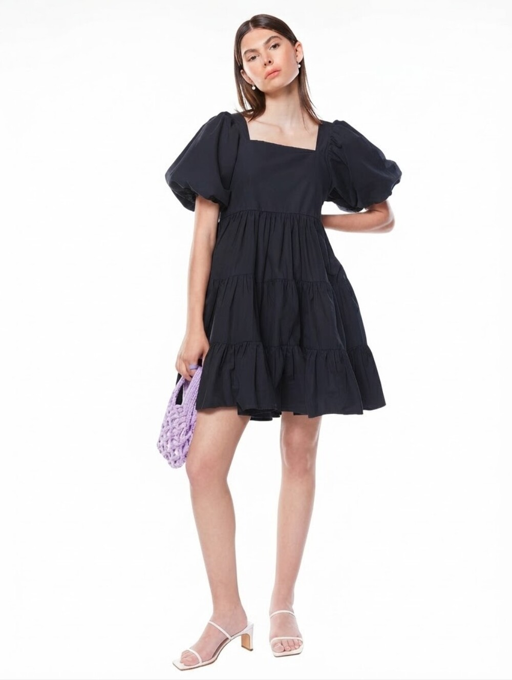 Oak+Fort Puff Sleeve Tiered Oversized Babydoll Flare Cotton Black XS Midi Boho